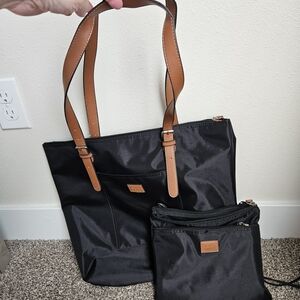 Roots Black Nylon Tote and Pouch Set